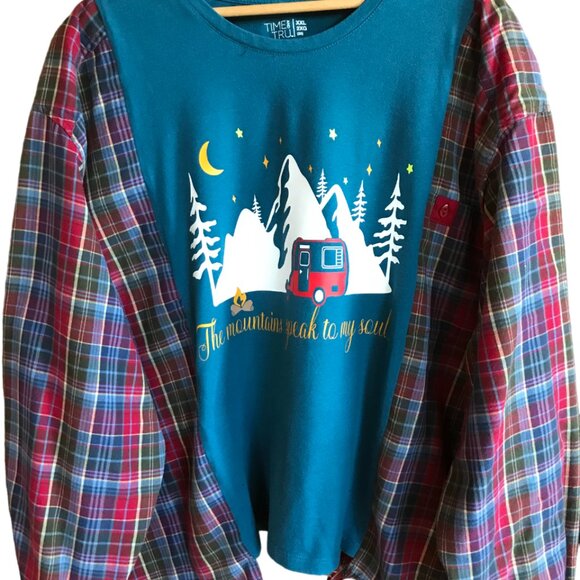Flannel Shirt Upcycle, Size L-2XL: Reworked Oversized Mountain Camping Graphic - Picture 6 of 12